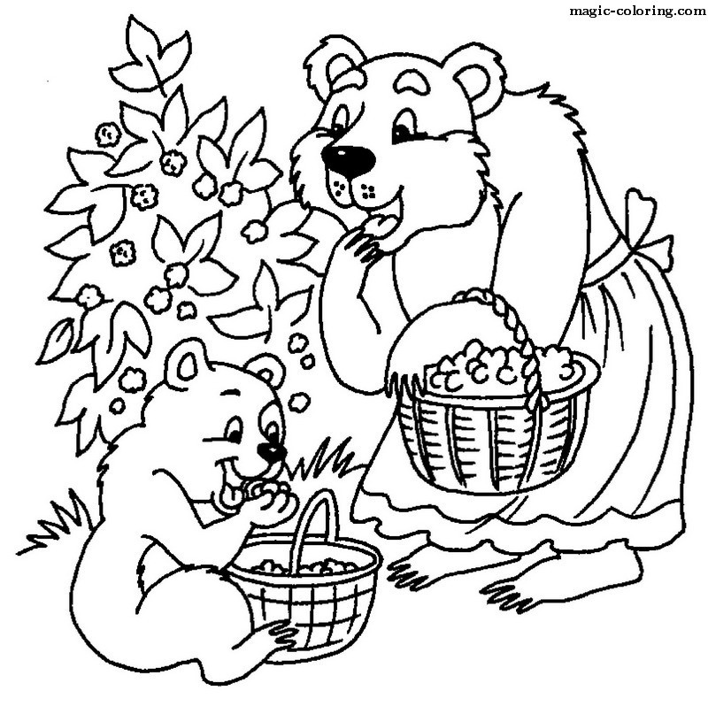 Mama Bear with little bear collecting raspberry