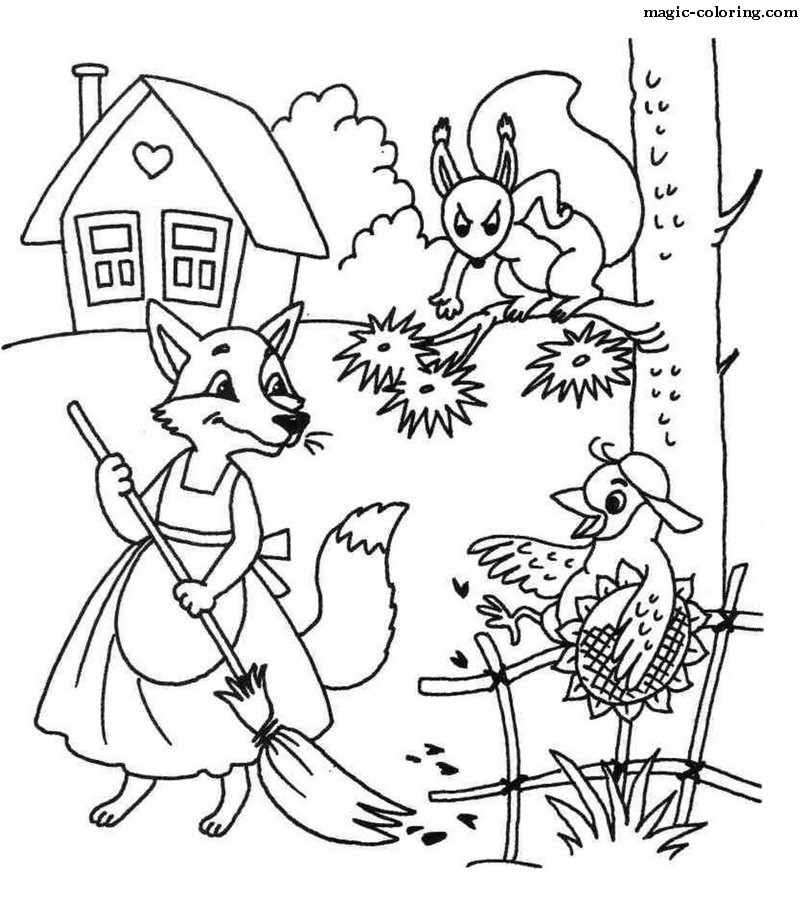 Sweeping Fox, Squirell and Bird Coloring