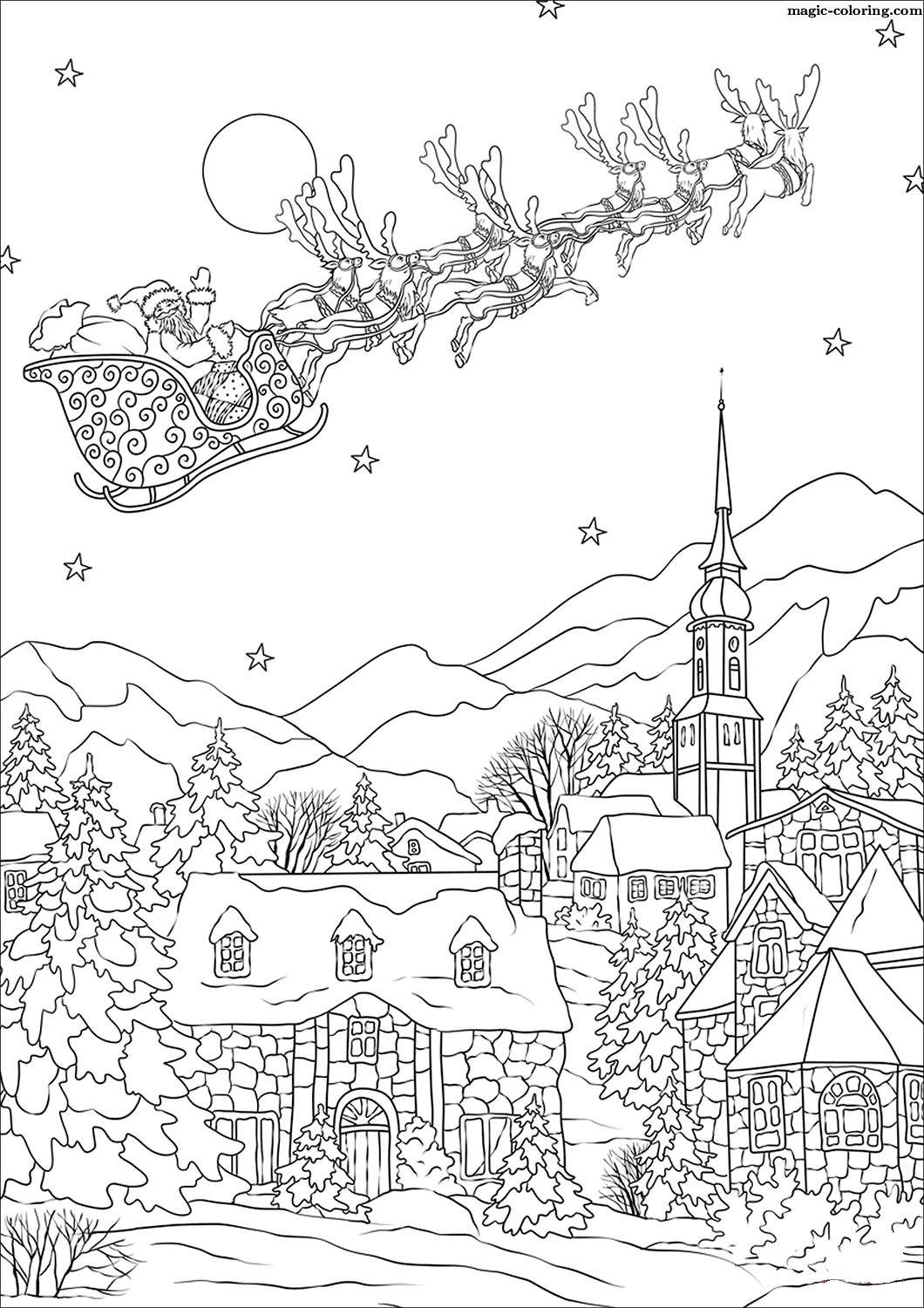 Saint Nickolas flies away over Christmas village Coloring Page