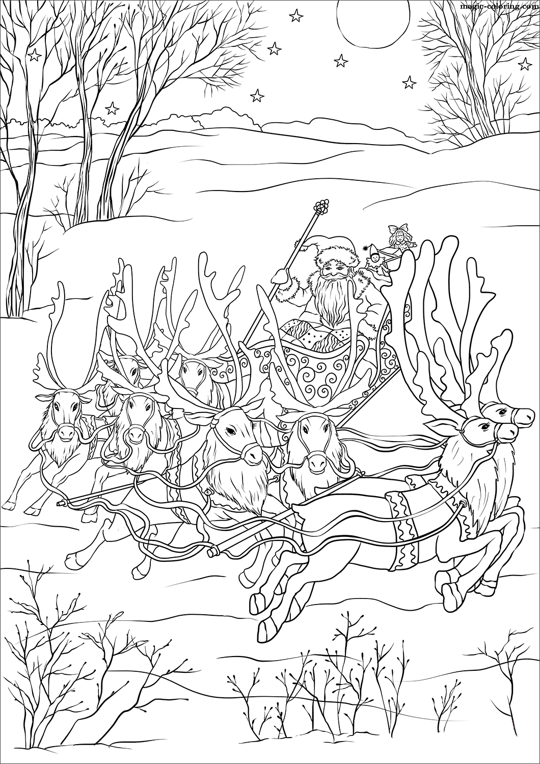 Miniature Sleigh, Eight Tiny Reindeer and St. Nickolas Coloring Page